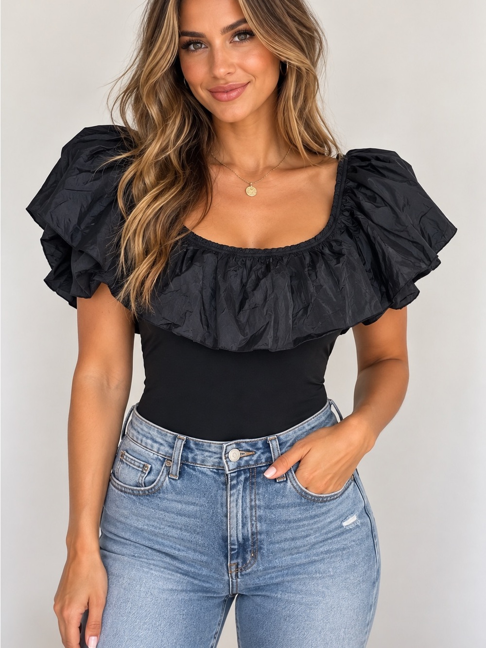 Free People Black Puff-Sleeve Ruffle Bodysuit
